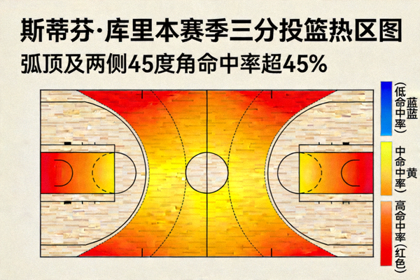 斯蒂芬·库里本赛季投篮热区图，显示其在三分线外尤其是弧顶和两侧45度角命中率极高