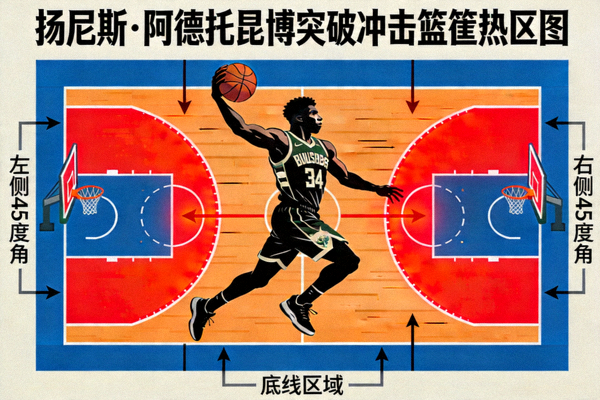 扬尼斯·阿德托昆博突破冲击篮筐热区图，显示其主要从左右两侧45度角及底线发起攻击
